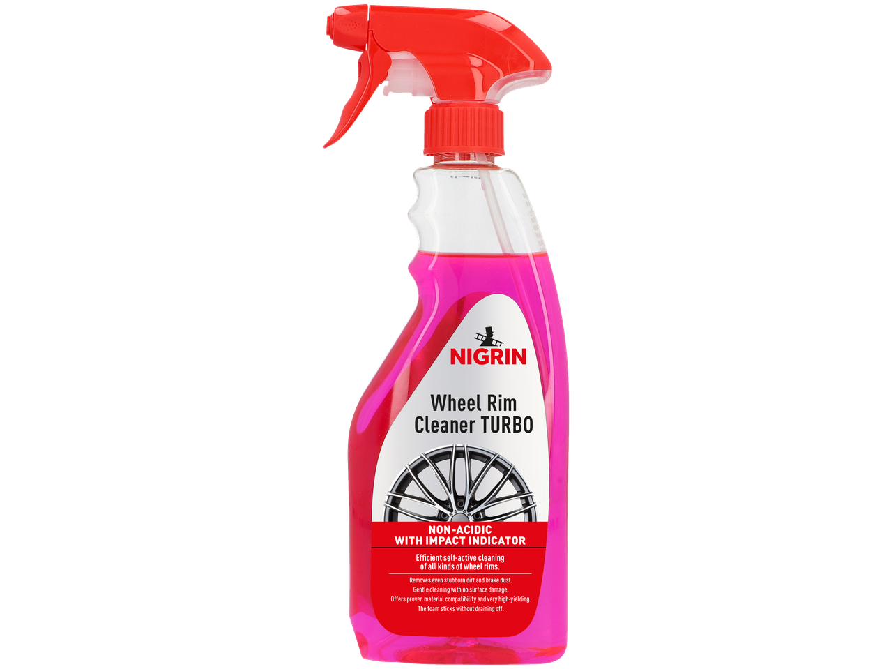NIGRIN Limpa Jantes TURBO, não ácido com indicador de impacto, num frasco spray rosa.