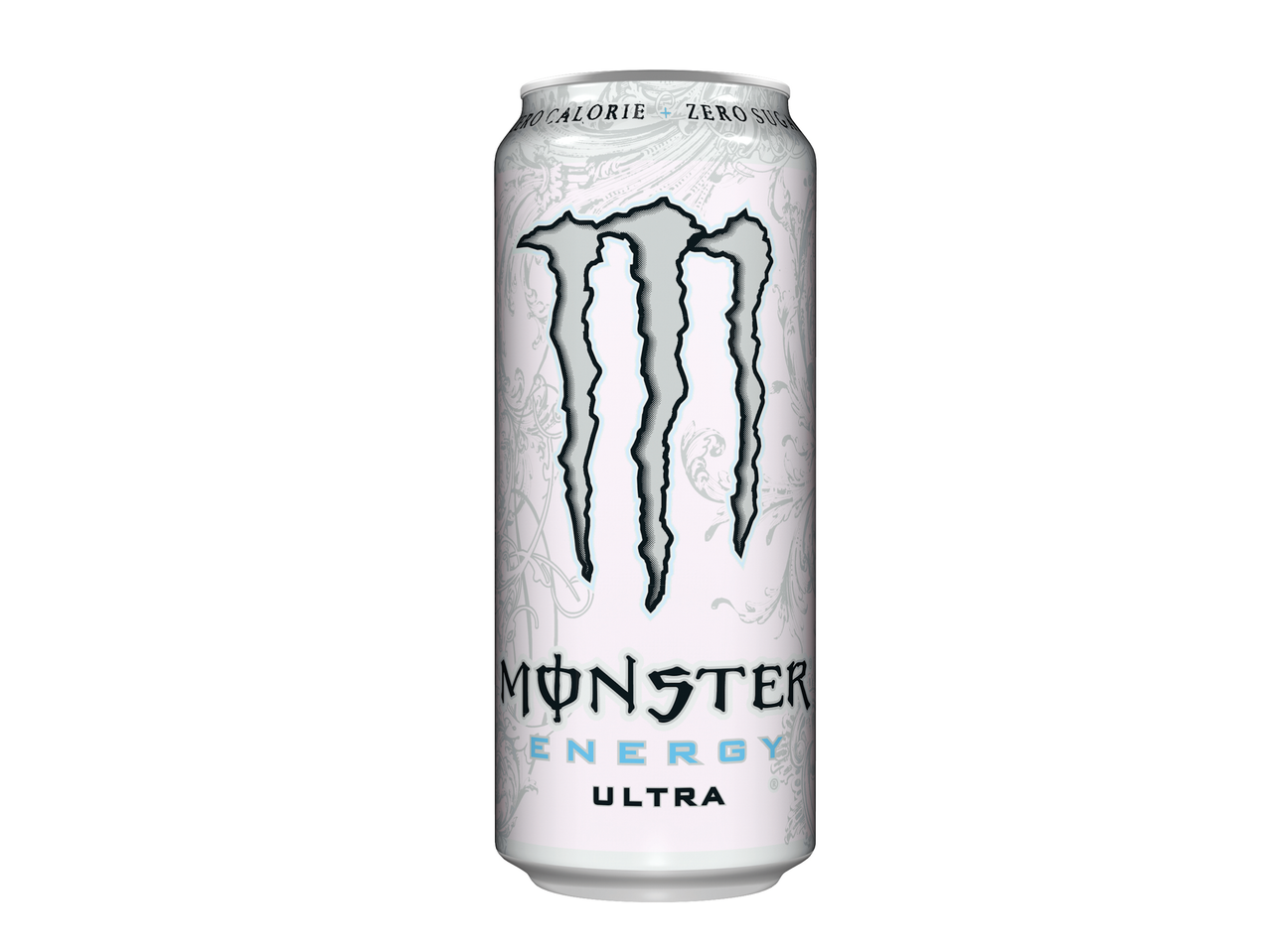 Lata de bebida energética branca com o logótipo de três garras e texto 'ZERO CALORIE + ZERO SUGAR'.