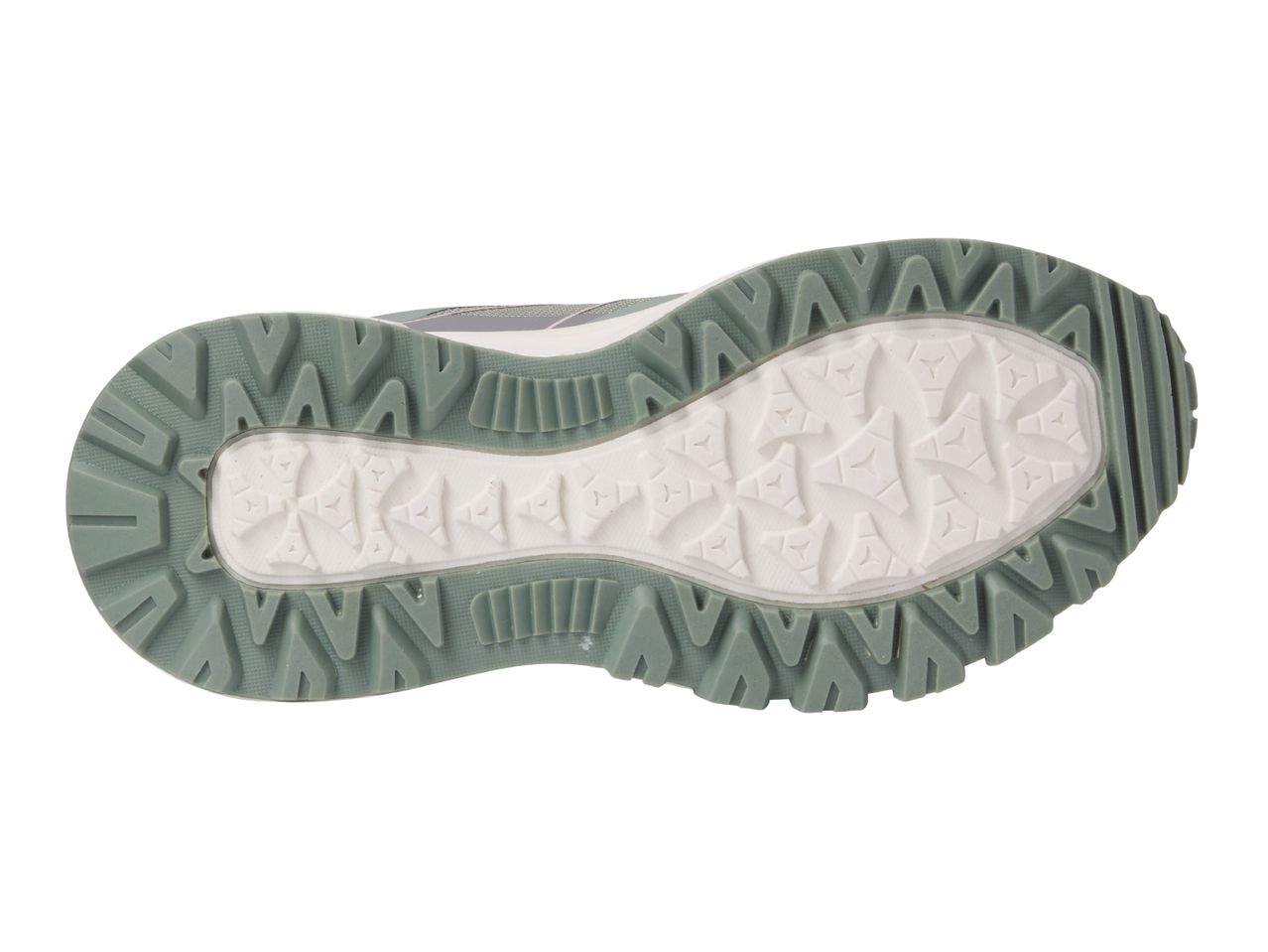 Bottom view of a green and white athletic shoe with a textured sole.