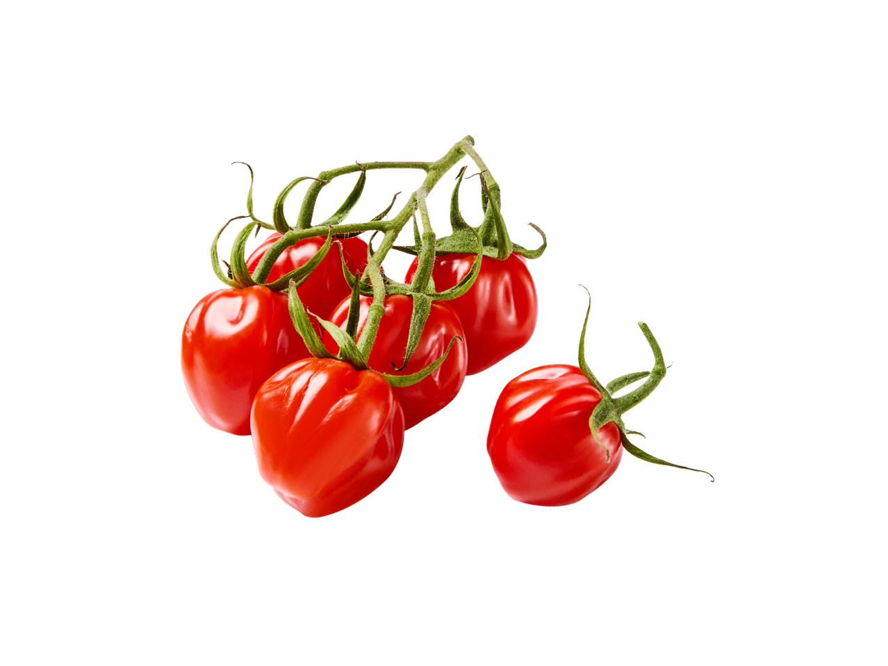 Un ciorchine de roșii cocktail roșii pe o tulpină, cu o roșie detașată.