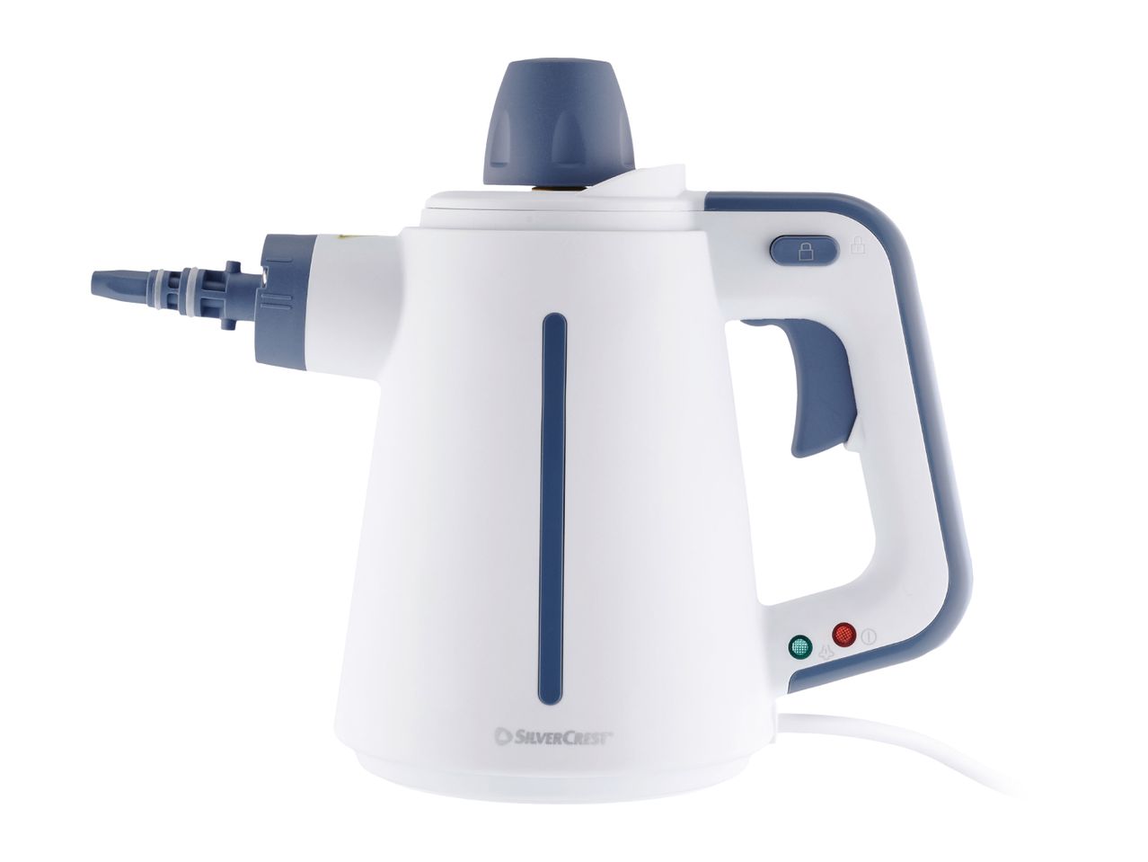 White and blue handheld steam cleaner with a water tank and indicator lights.