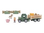 Wooden farm toy set with a green tractor, trailer, fence, bushes, cow, pig, farmer, and horse.