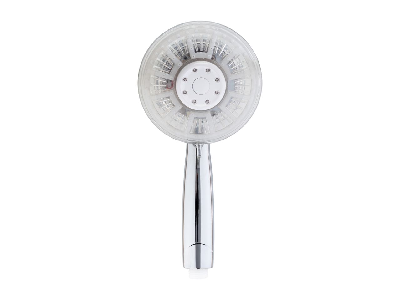 A clear and chrome handheld shower head with a circular face and visible internal components.