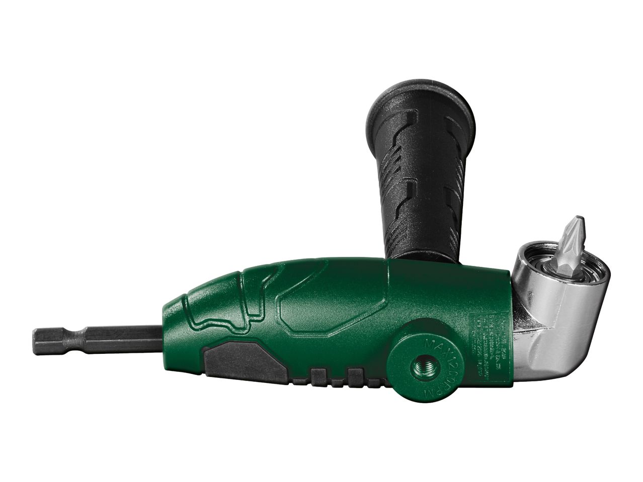 Green and black right-angle drill attachment with a hex bit