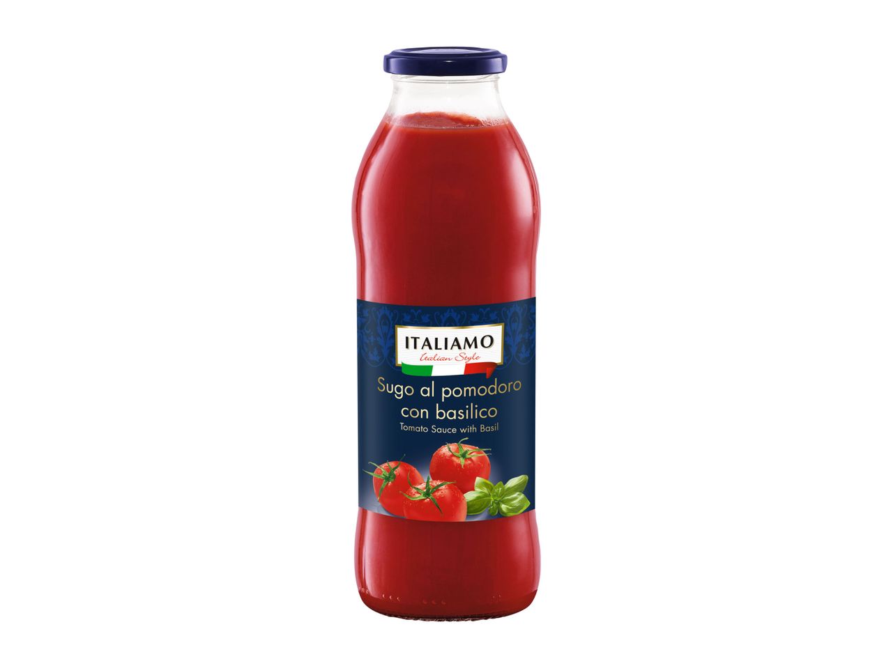 A bottle of Italian tomato sauce with basil.