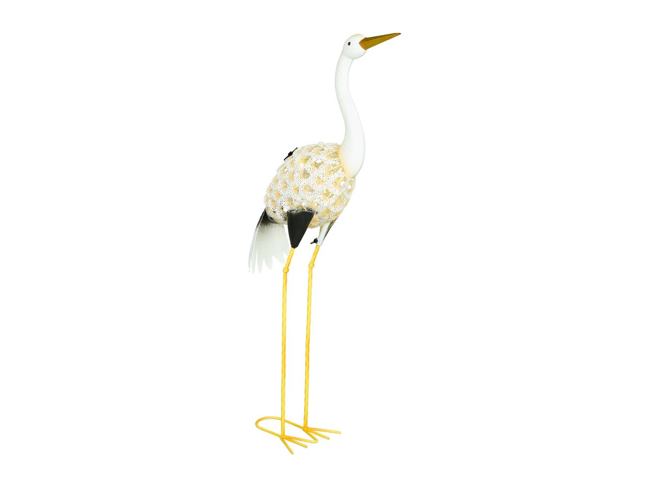 White crane garden decoration with yellow legs.
