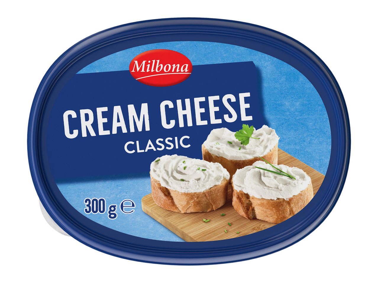 Recipient de brânză cremoasă Milbona, albastru, cu pâine prăjită și ierburi.