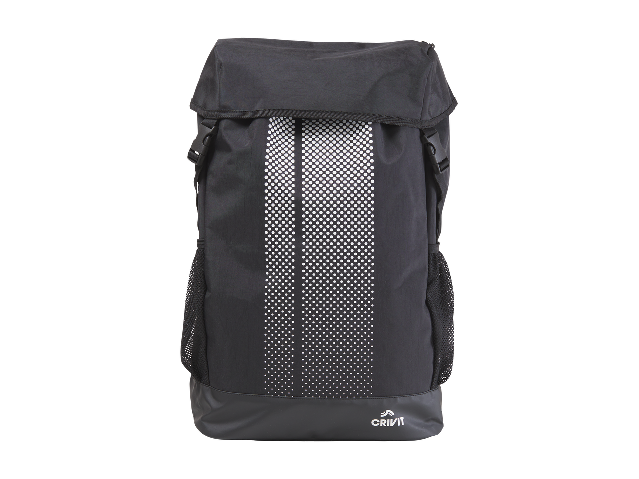 Sac à dos noir avec un motif de points blancs et des poches latérales en filet.