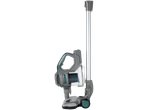 Cordless stick vacuum cleaner with a grey and teal design, featuring a clear dustbin.