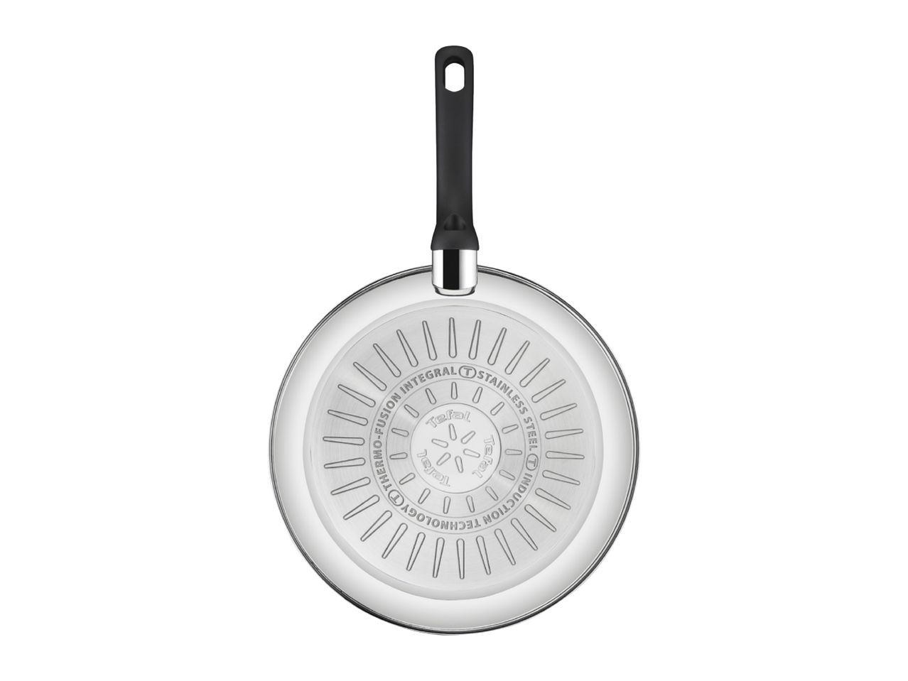 Tefal frying pan with a black handle, showing the stainless steel induction base.