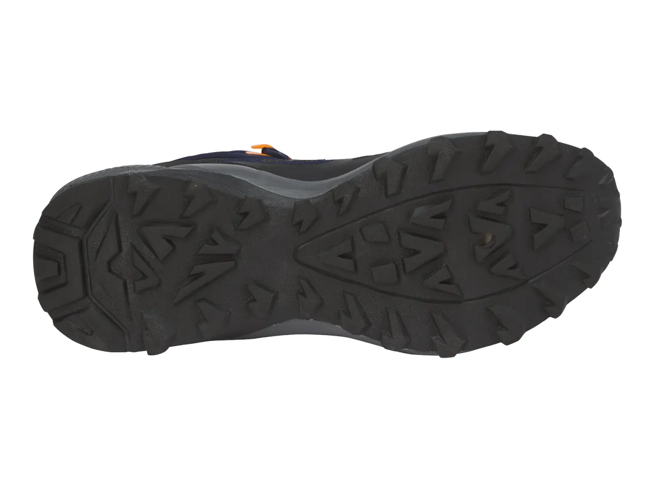 The bottom of a navy blue hiking shoe with an orange accent and a rugged black sole.