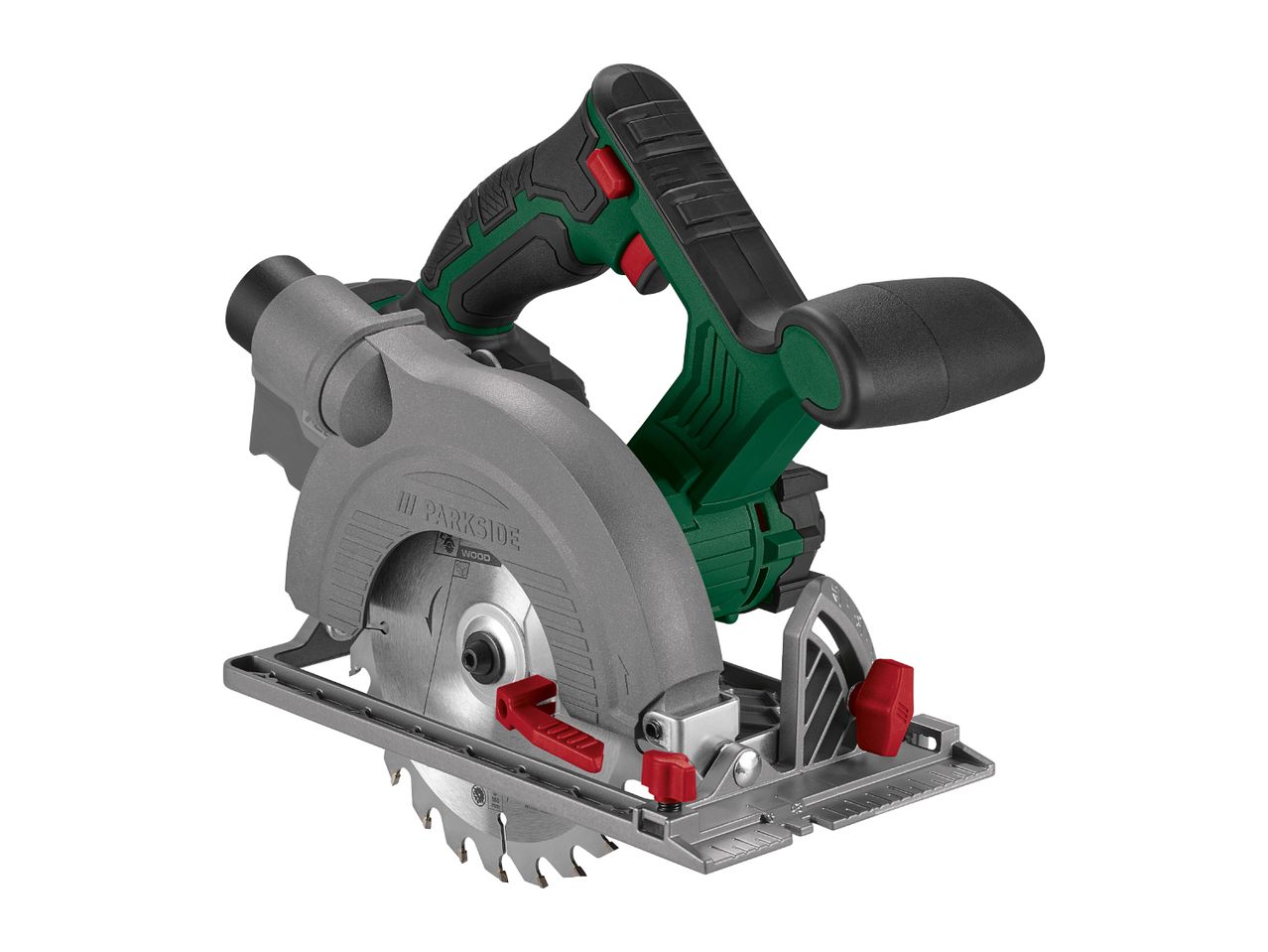 A circular saw with a grey body, green and black handle, and a silver blade.