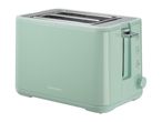 Mint green two-slice toaster with chrome accents and control dial