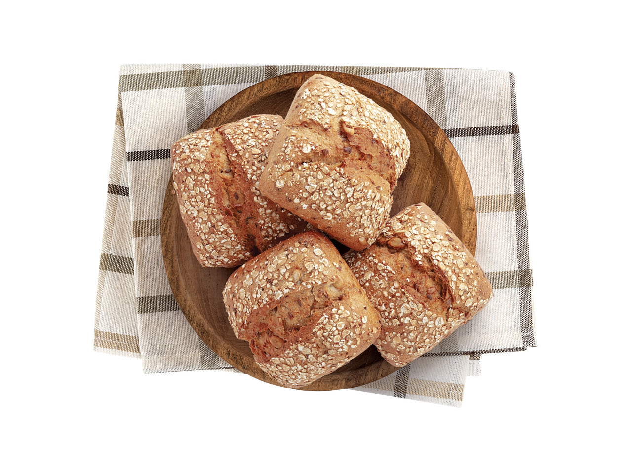 Peciva od cjelovitog zrna s posipom od zobi u drvenoj zdjeli na kariranoj krpi.