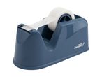 Blue tape dispenser with a roll of white adhesive tape, angled view.