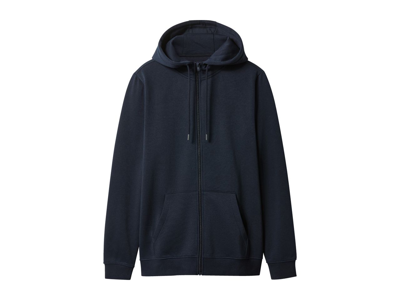 Dark blue full-zip hoodie with a hood and front pockets