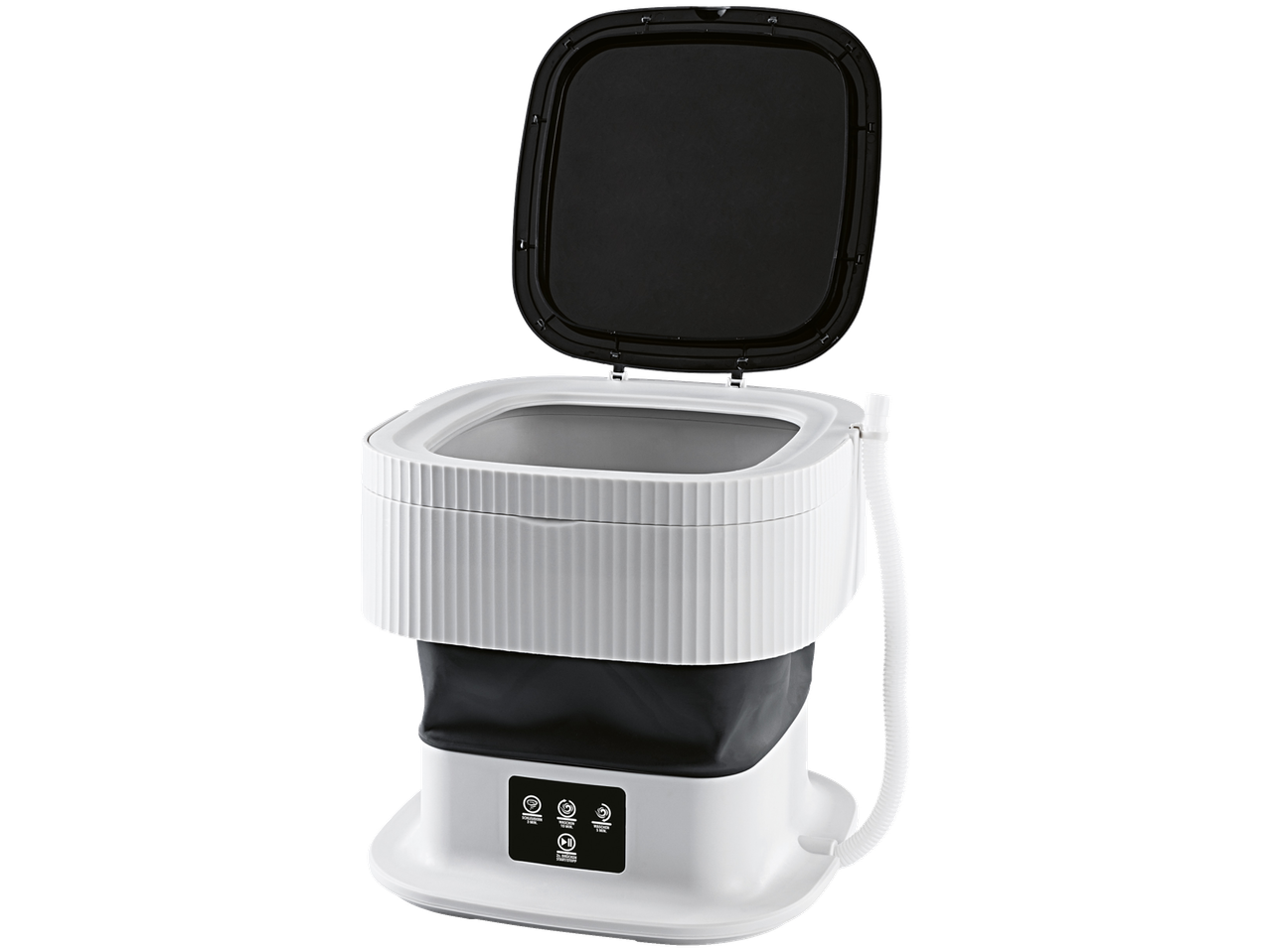 Mini máquina de lavar CLEANMAXX com tampa aberta e painel de controlo com opções de lavagem e centrifugação.