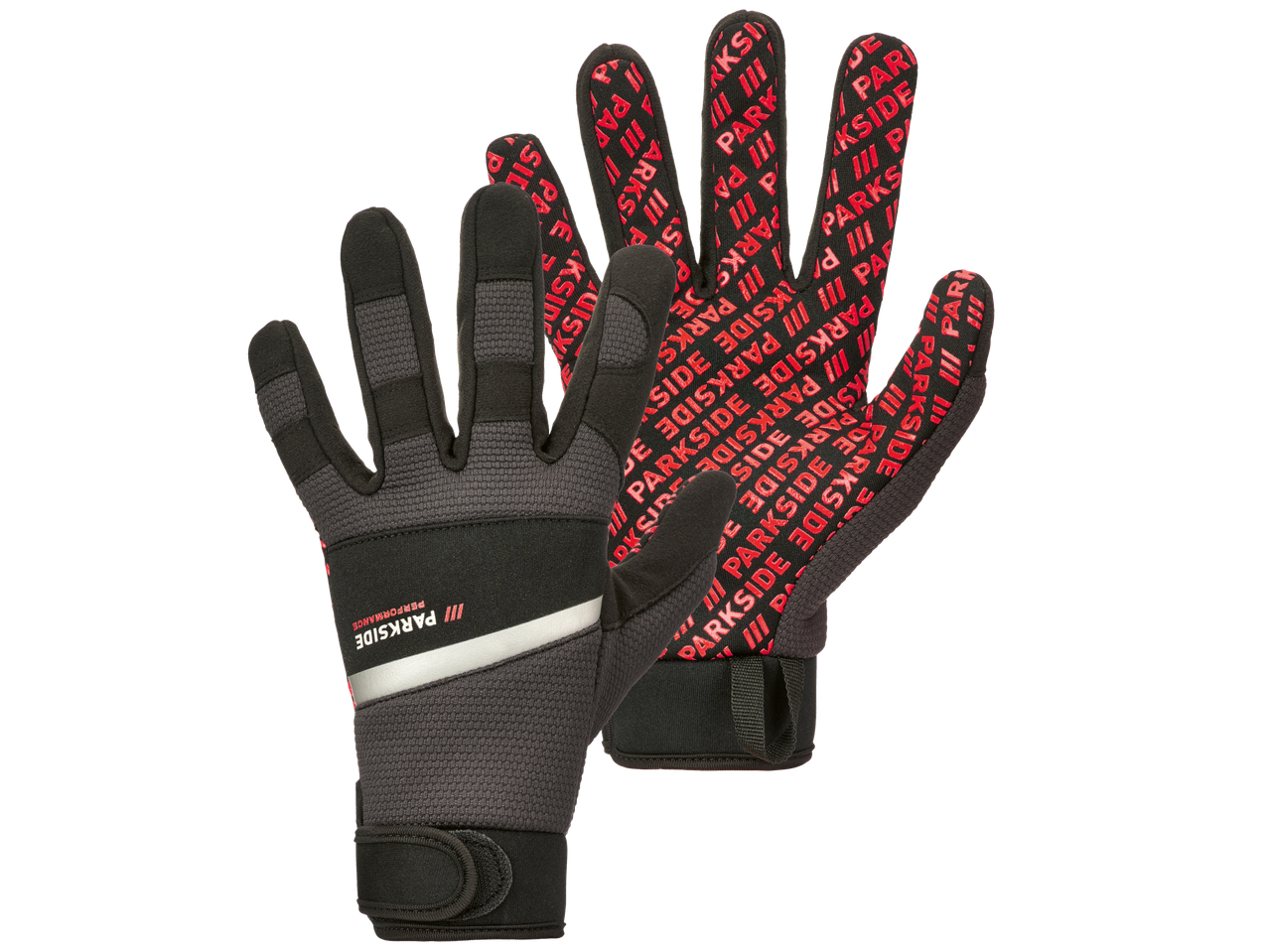 Parkside Performance® darba cimdi melnā un sarkanā krāsā ar logotipu.