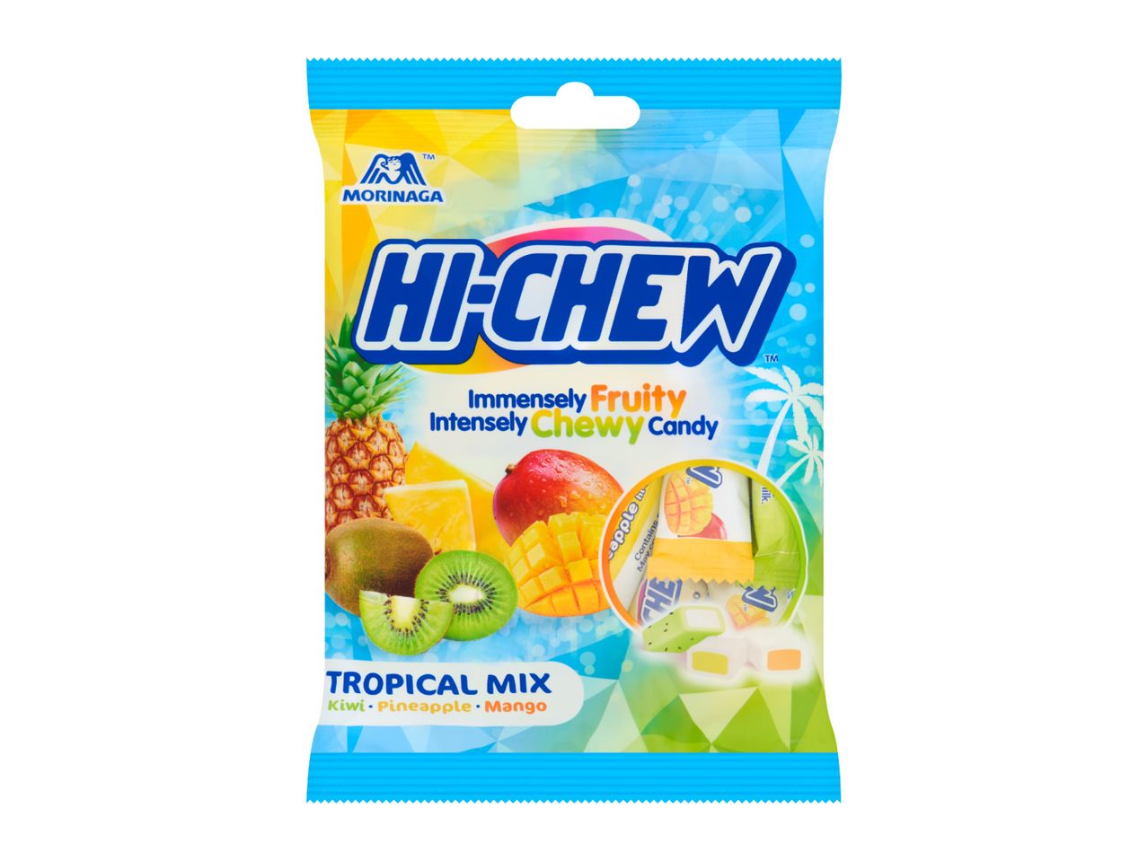 Tropical mix chewy candy with kiwi, pineapple, and mango flavors.