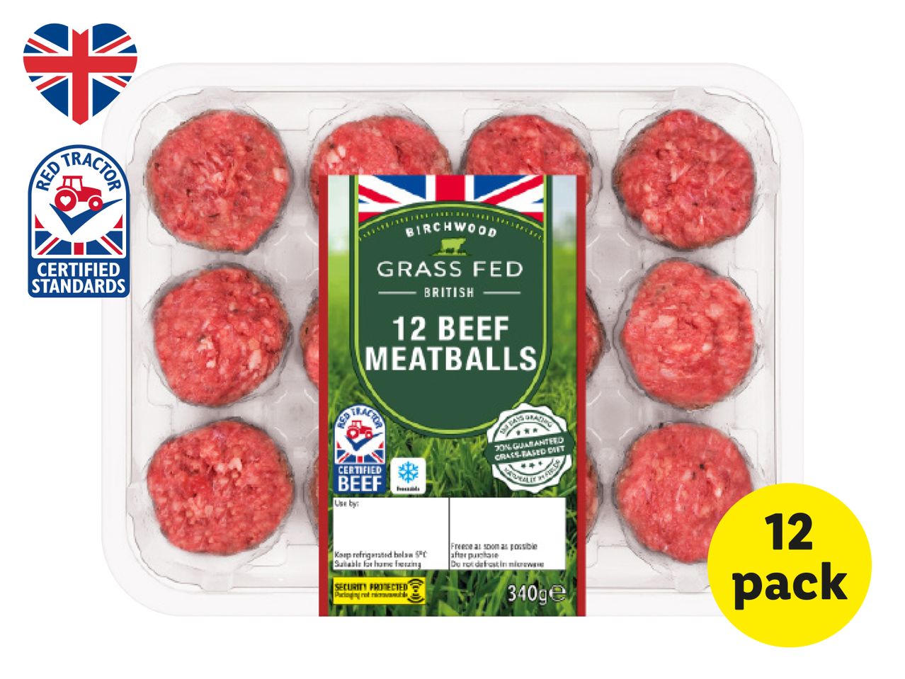 12 Grass Fed Beef Meatballs in a plastic tray.