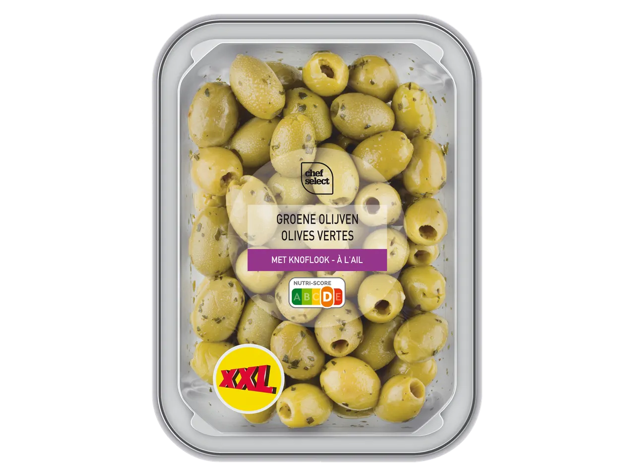 Chef Select groene olijven met knoflook, XXL formaat.