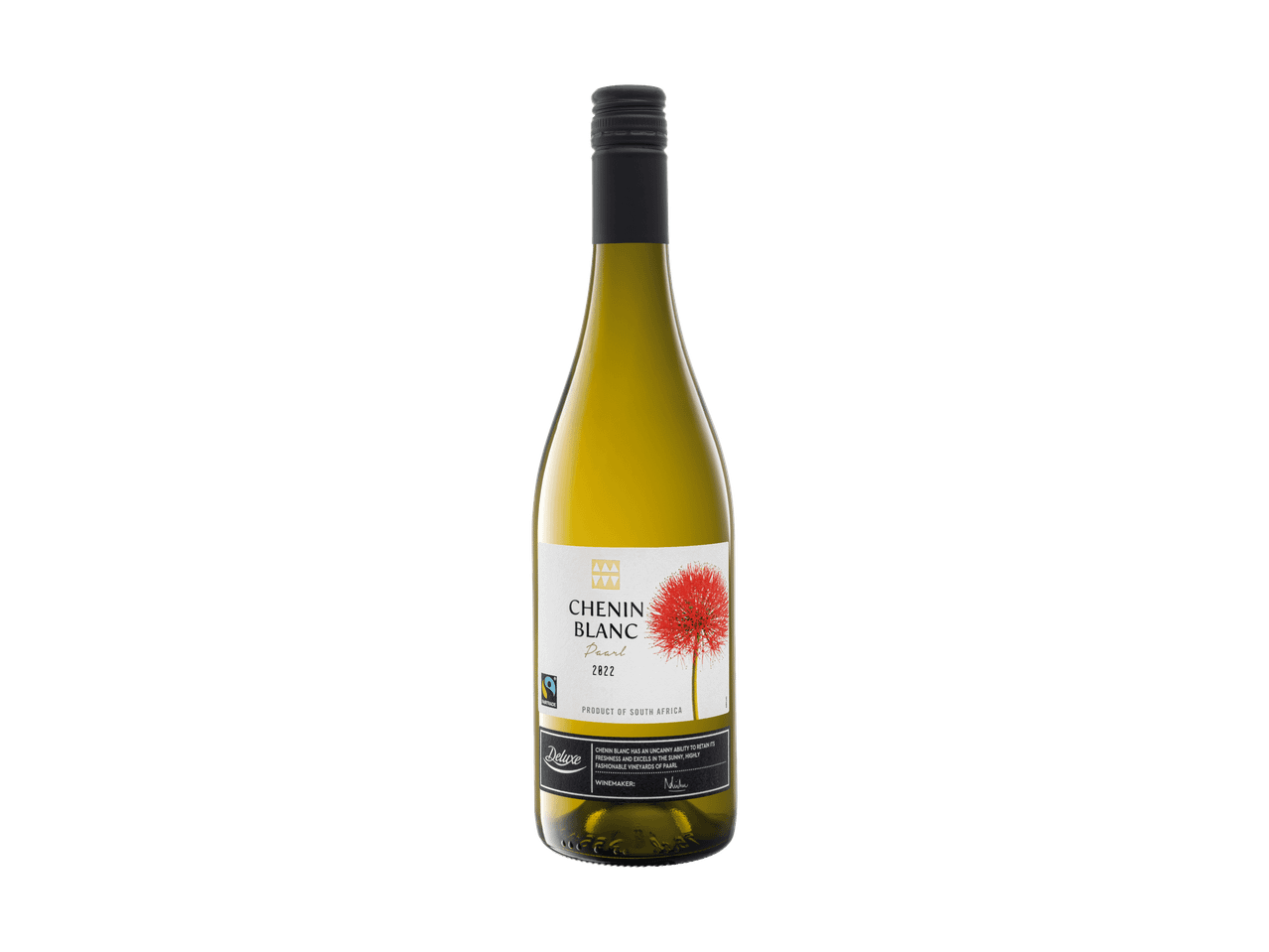 Una bottiglia di vino bianco con l'etichetta 'Chenin Blanc Paarl 2022' e un motivo floreale rosso.