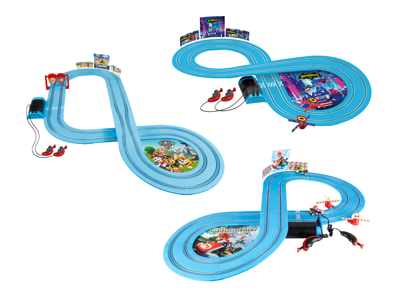 Kolme Carrera First -autorataa, joissa on Paw Patrol-, Batwheels- ja Mario Kart -teemat.