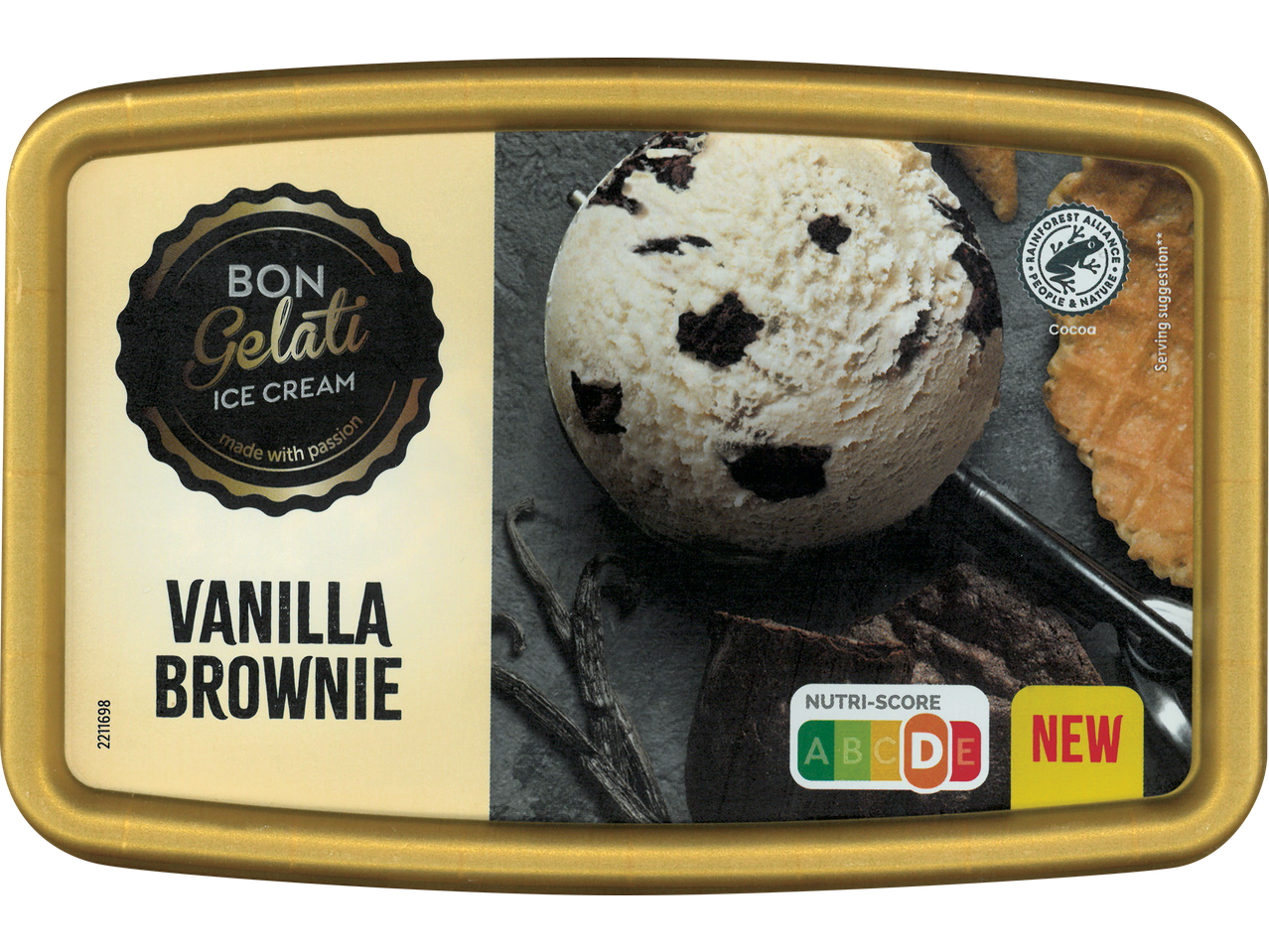 Кутия сладолед Bon Gelati Ванилов Брауни с Nutri-Score D и какао Rainforest Alliance.