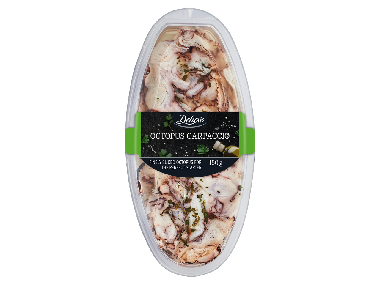 Deluxe kalmāru carpaccio: Plāni sagriezts kalmārs, perfekta uzkoda.