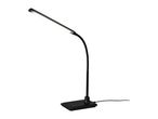 Black LED desk lamp with a flexible neck and a rectangular base, isolated on white.