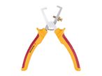 Wire stripper with yellow and red handles and a brass adjustment screw