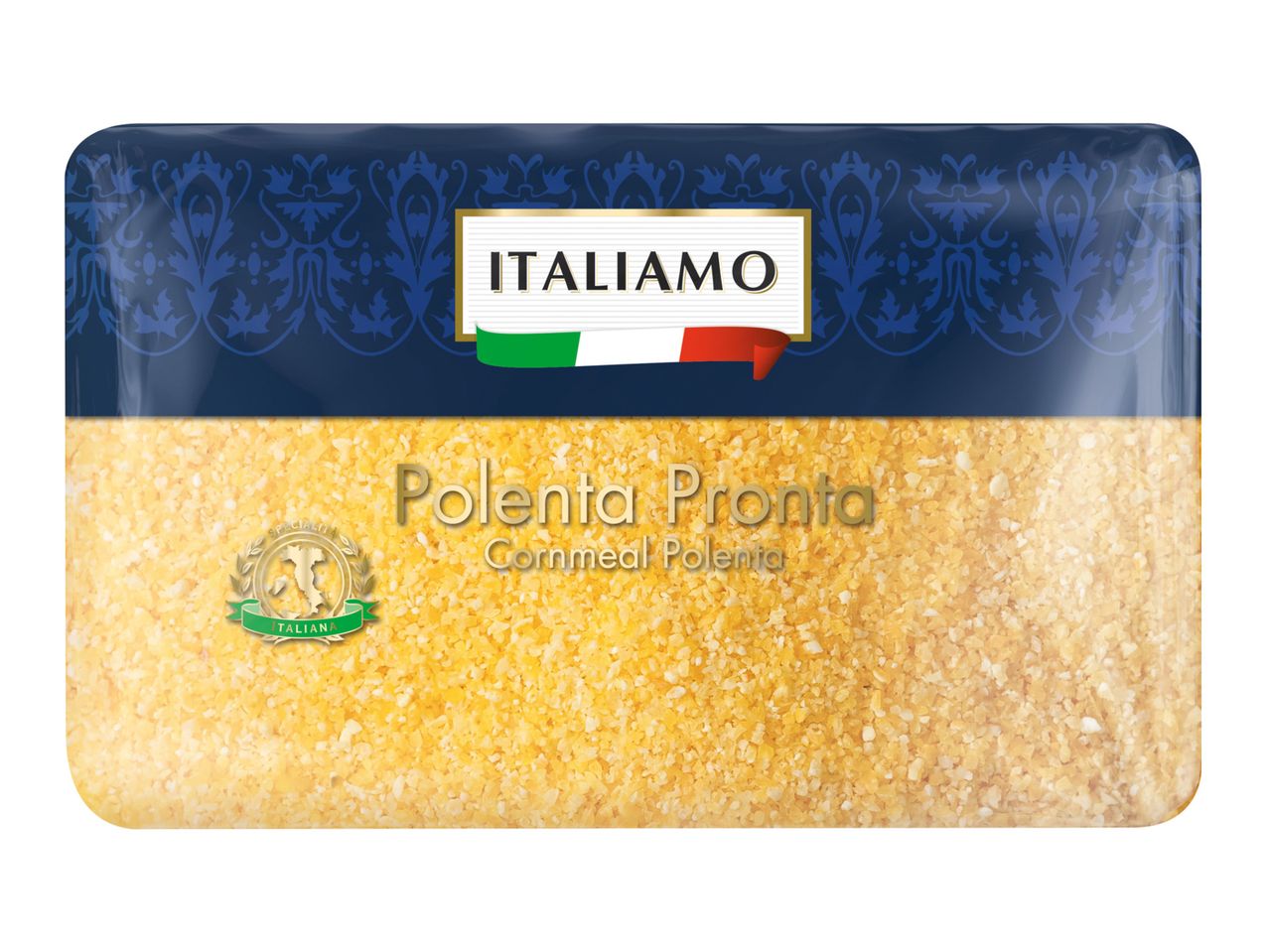 A package of 'ITALIAMO Polenta Pronta' (Cornmeal Polenta) with a blue and gold label.