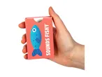 A hand holds a coral-colored card game box with a blue fish illustration and the text 'SOUNDS FISHY'.