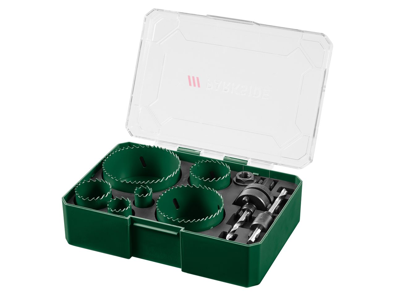 A green hole saw set with various sizes of saw blades and drill bits in a clear case.