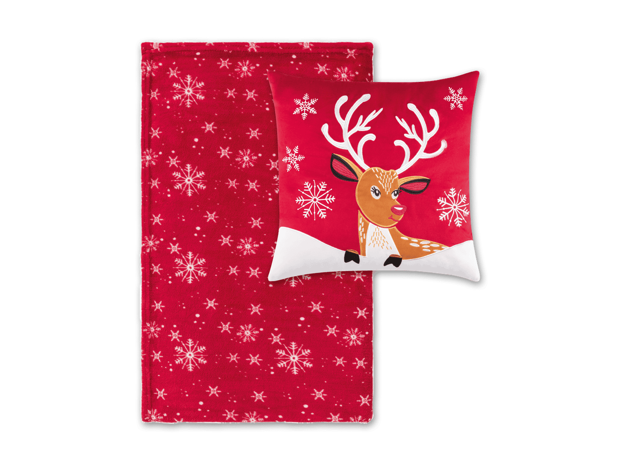 Rote Weihnachtsfleecedecke und Kissen mit Rentier und Schneeflockenmuster