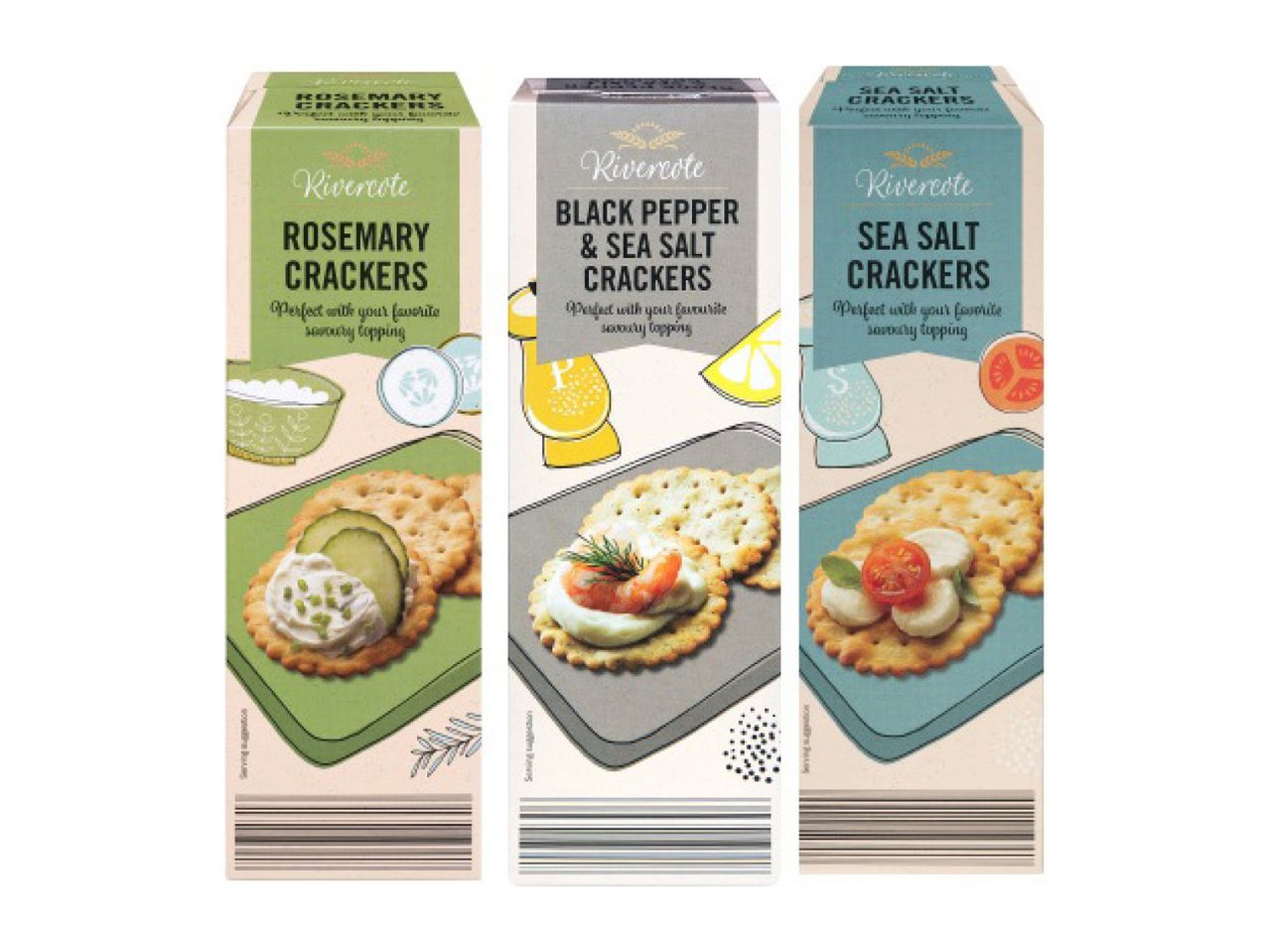 Three cracker boxes: Rosemary, Black Pepper & Sea Salt, and Sea Salt, with topping suggestions.