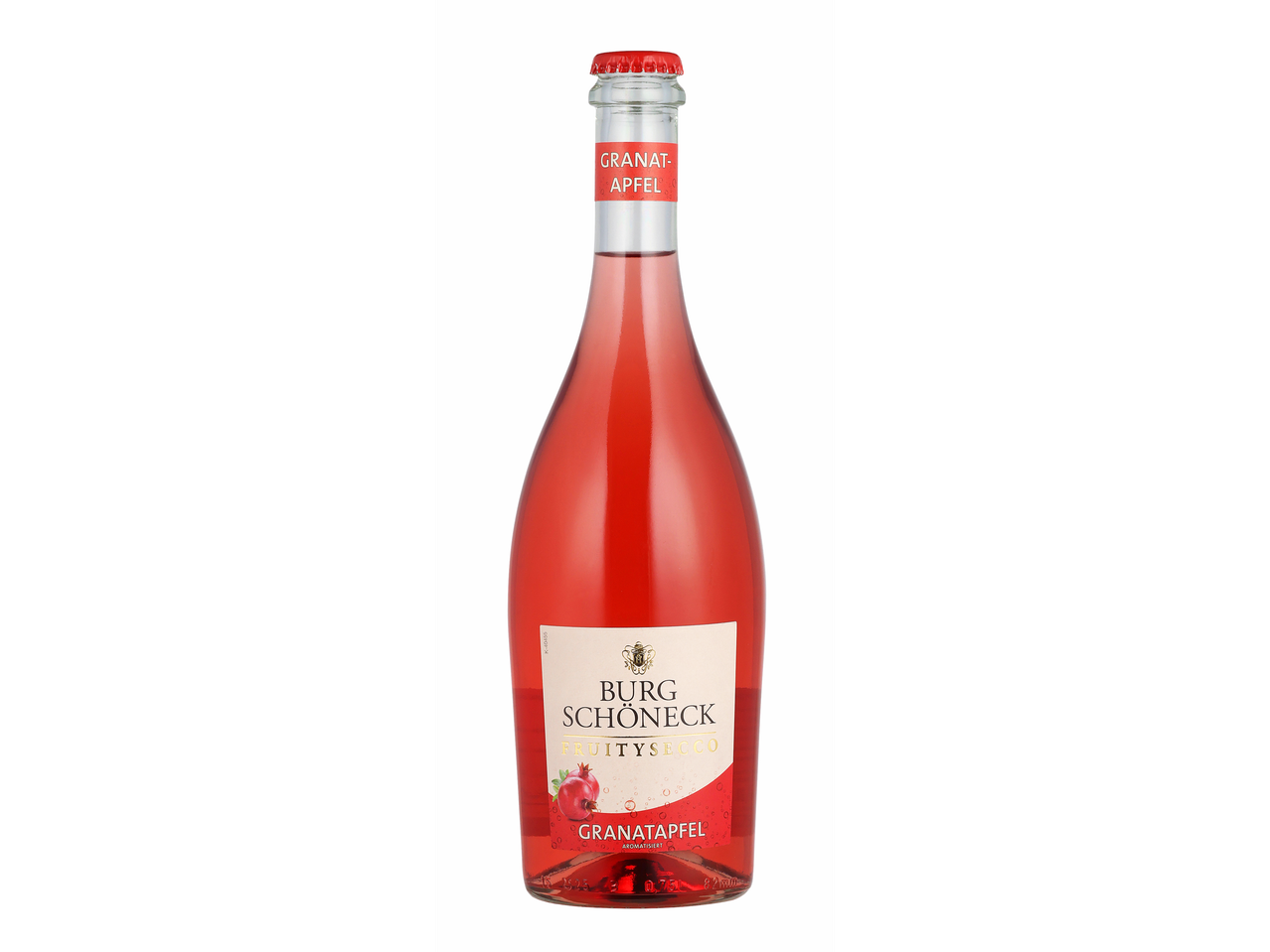 Steklenica penečega vina Burg Schöneck Fruitysecco z okusom granatnega jabolka.