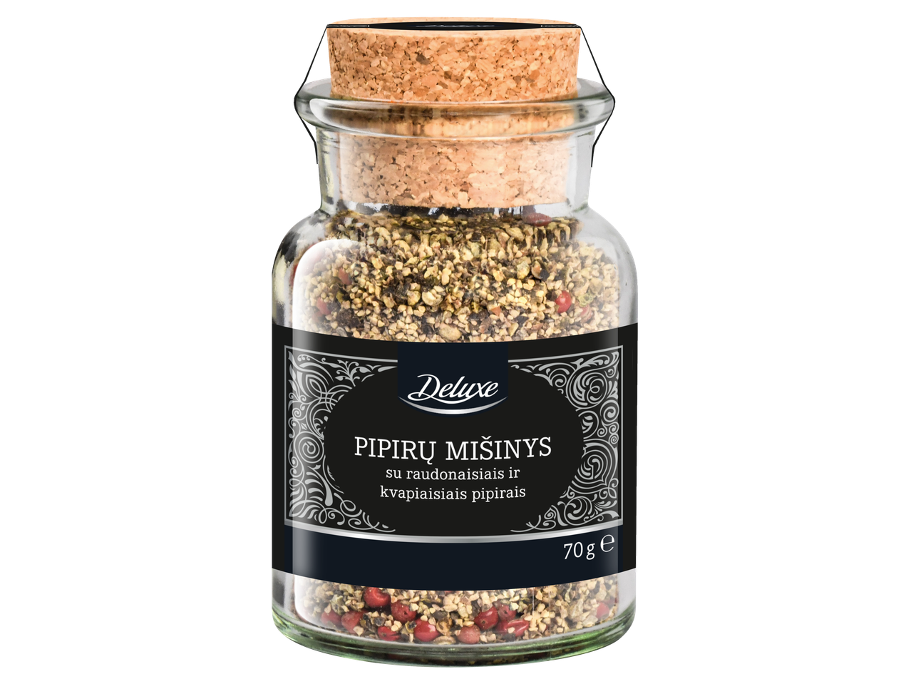 Deluxe pipirų mišinys su raudonaisiais ir kvapiaisiais pipirais stiklainyje, 70g.