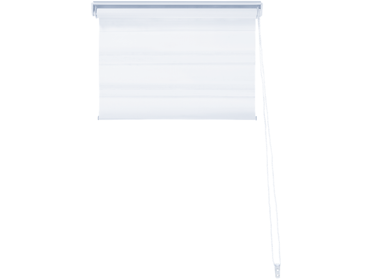 Valge rulooga kardin nööriga mustal taustal.