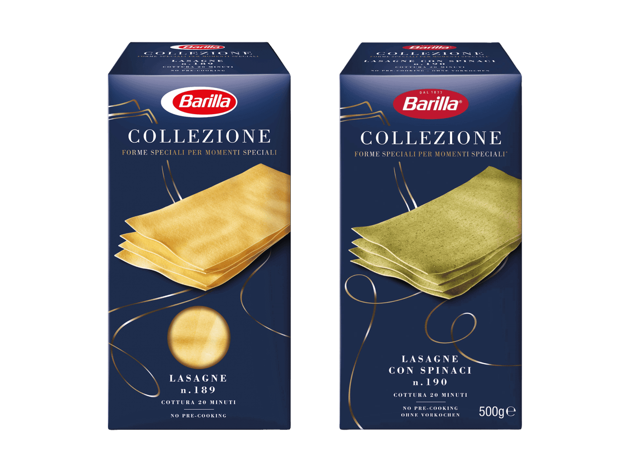 Zwei Packungen Lasagneblätter, eine klassisch gelb und eine grün mit Spinat.