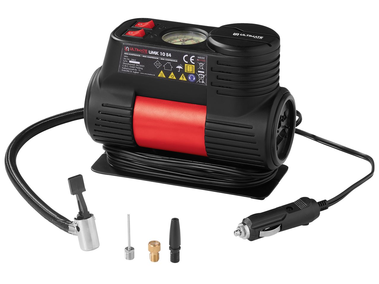 Черен мини компресор Ultimate Speed® с манометър и различни накрайници.