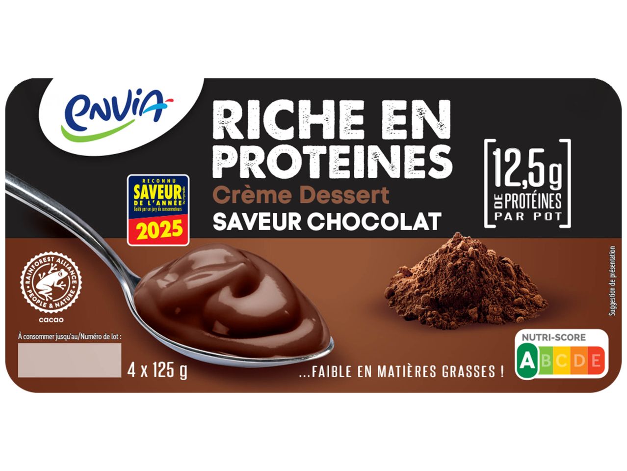 Envia Crème Dessert chocolat riche en protéines (12,5g par pot).