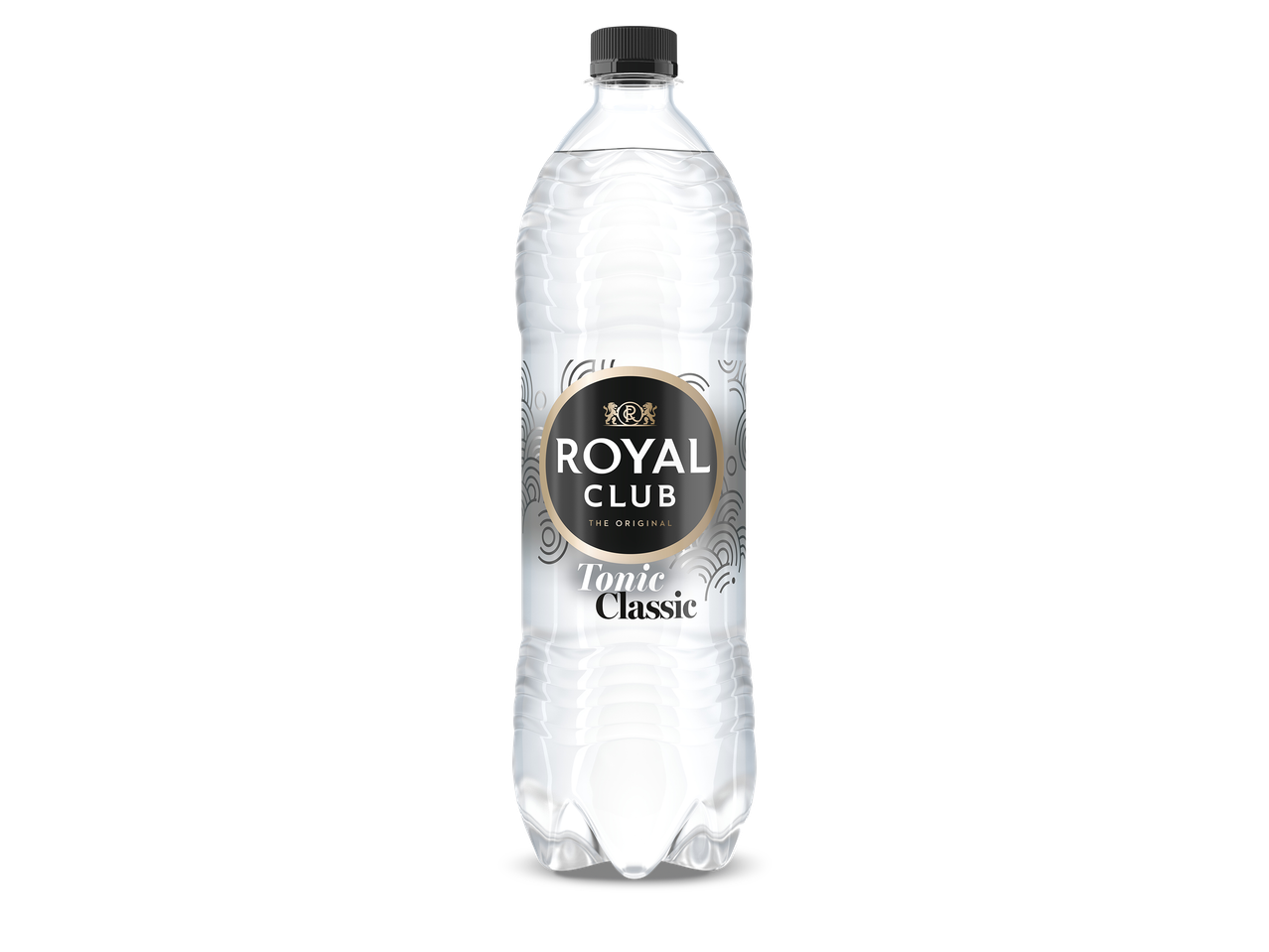 Een plastic fles klassieke tonic met een zwarte dop tegen een zwarte achtergrond.