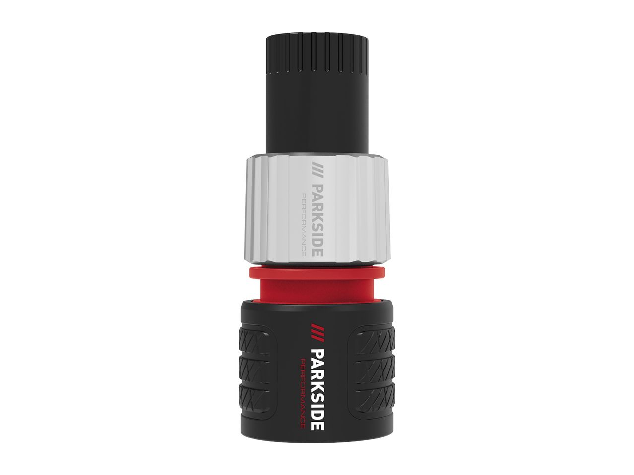 A black and silver tool accessory with a red accent, featuring a textured grip and text.