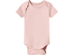 Light pink short-sleeved baby bodysuit with snap closures at the crotch.