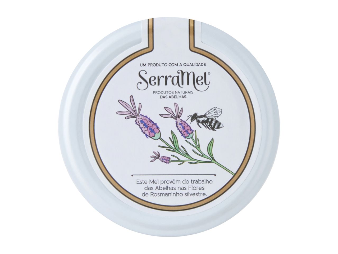 Honey jar lid with lavender flowers, a bee, and text about natural honey.
