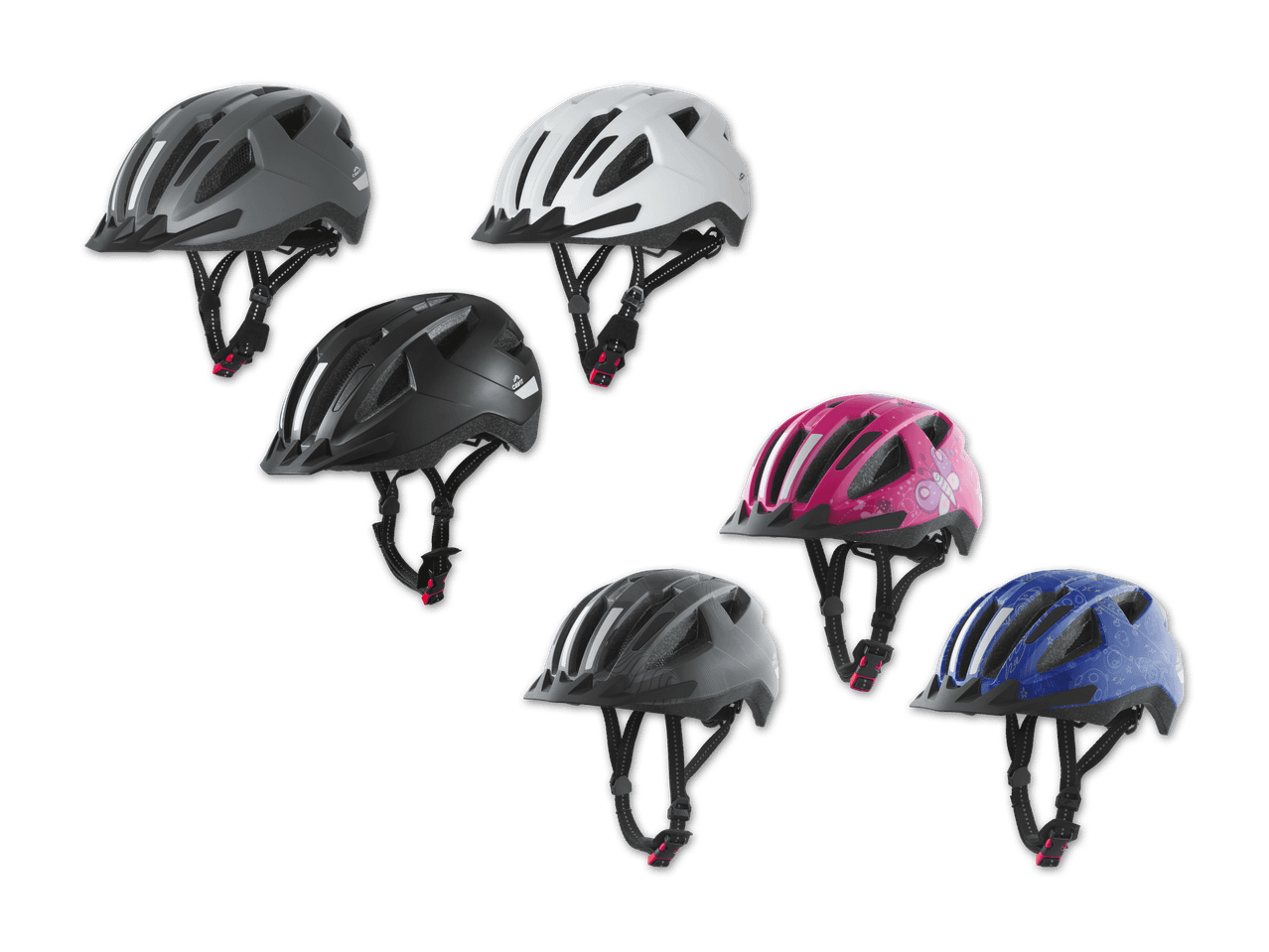 Fahrradhelme in Grau, Weiß, Schwarz, Pink mit Schmetterlingen, Dunkelgrau und Blau mit Weltraum-Motiven.