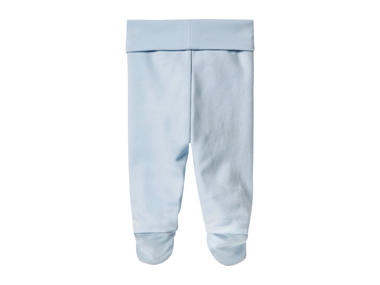 Light blue baby footed pants with a wide, ribbed waistband