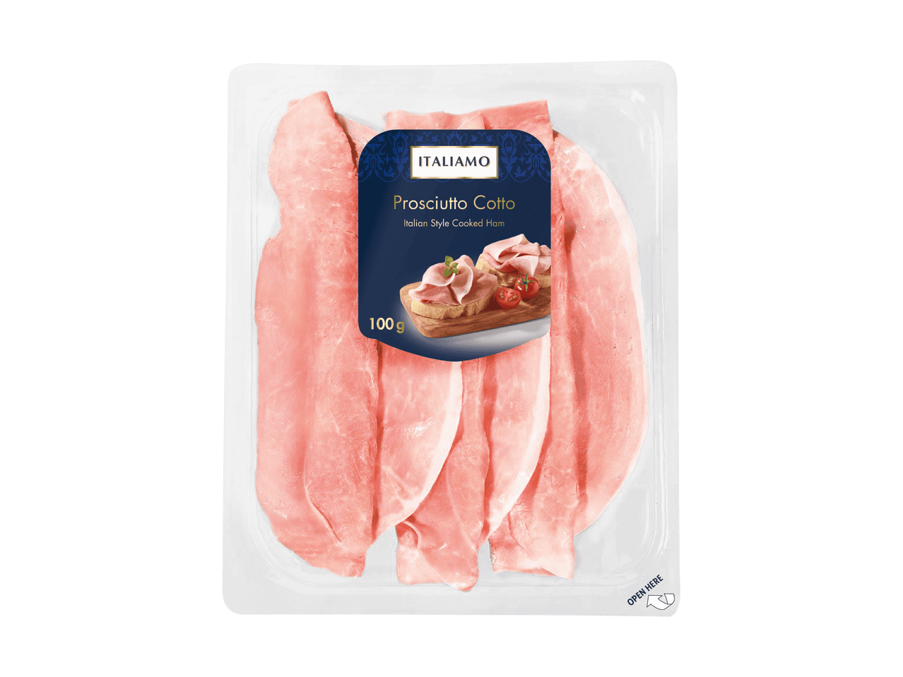 Paquet de jambon cuit à l'italienne, 100g, avec une étiquette montrant des bruschettas au jambon.