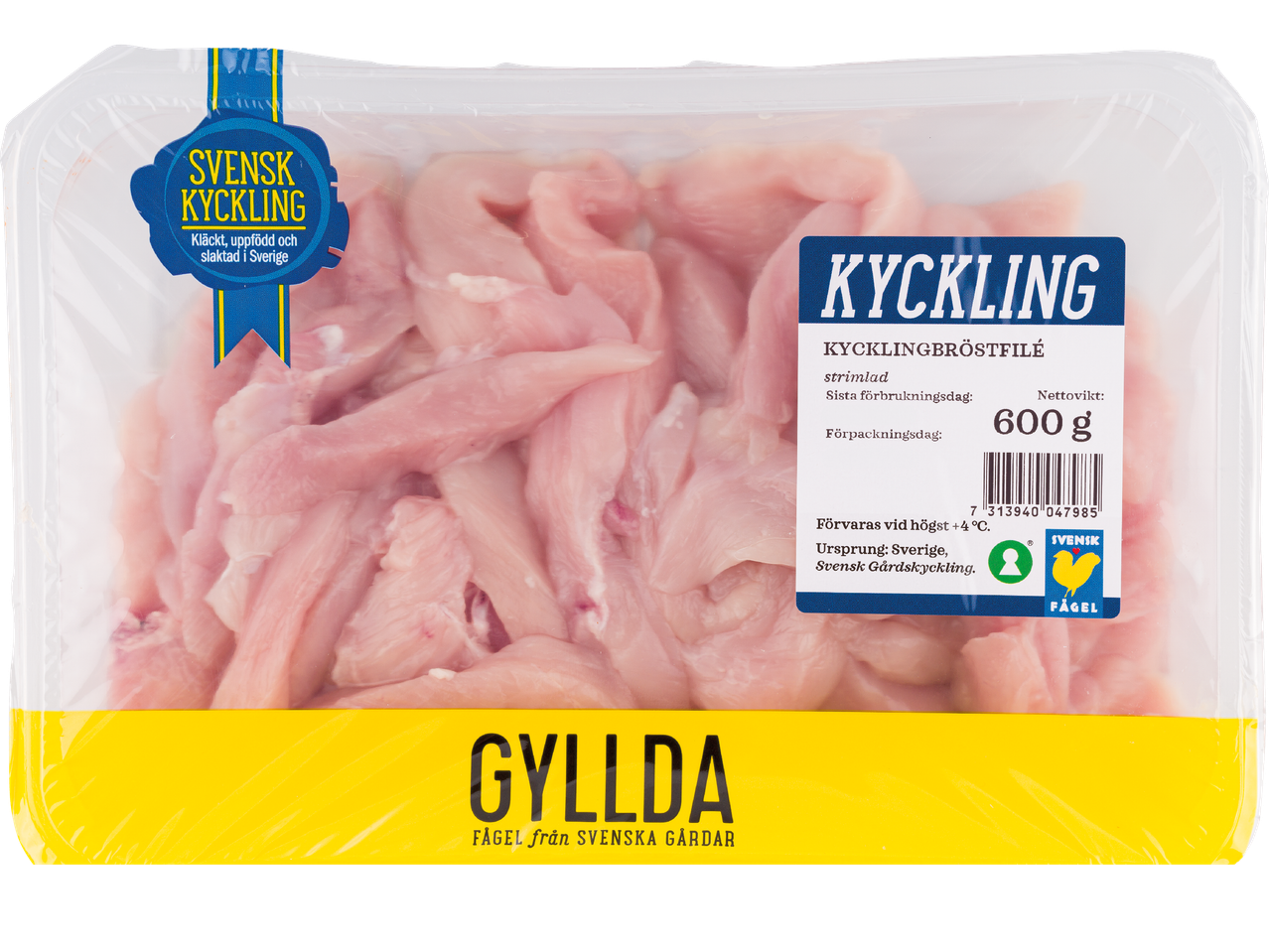 Förpackning med 600g strimlad svensk kycklingbröstfilé från Gyllda.